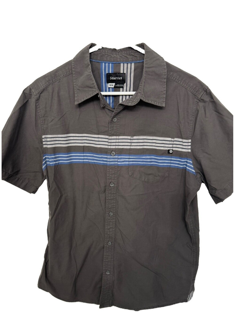 Marmot Shirt Men M Gray Blue Striped Short Sleeve Button Down Gorpcore Hiking